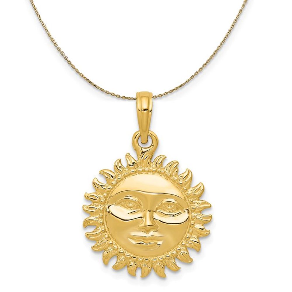 14k Yellow Gold 17mm 3D Sun with Face Necklace - 20 Inch